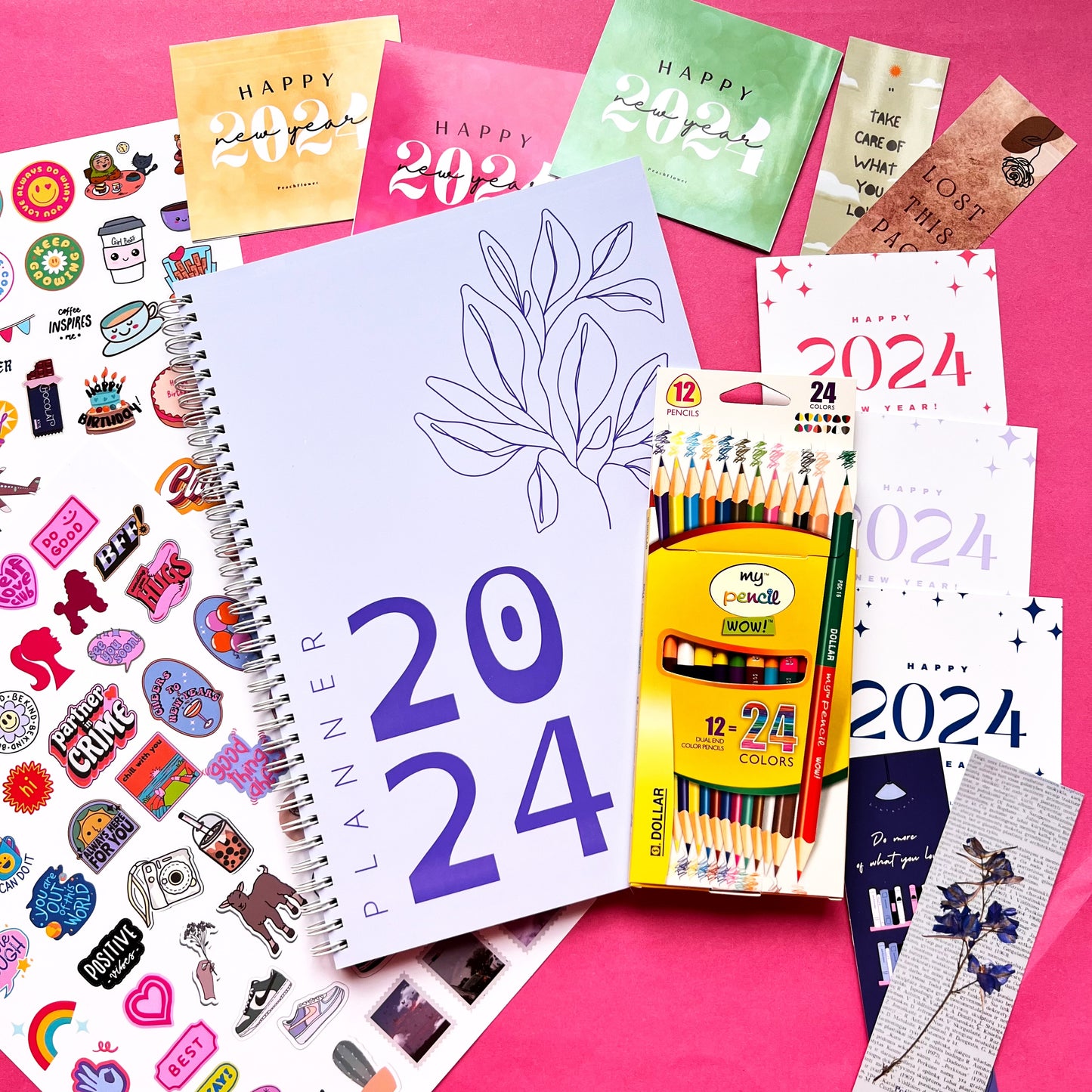 Yearly Planner 2024 (Free: 2 Sticker Sheets + 4 Bookmarks + 6 Cards)