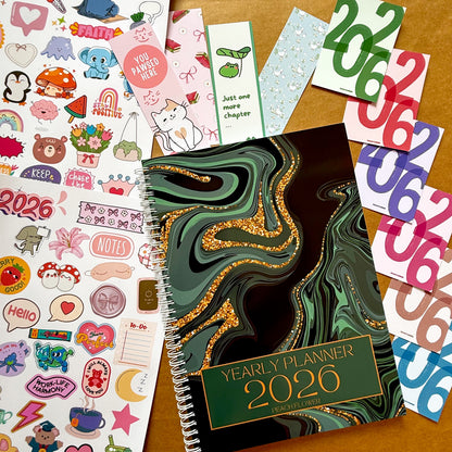 Yearly Planner 2026 (Free: 2 Sticker Sheets + 4 Bookmarks + 6 Cards)